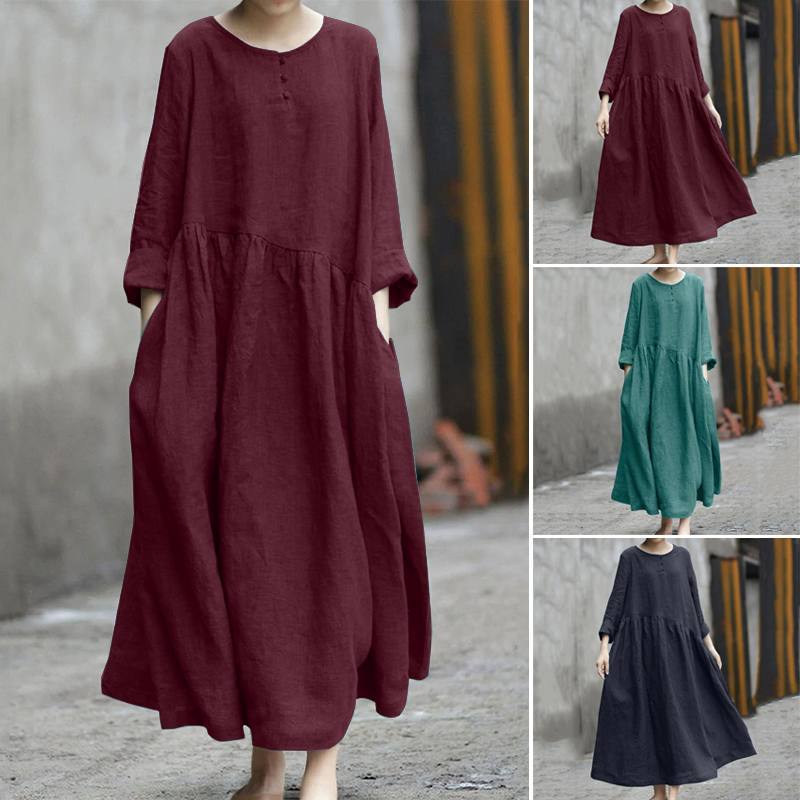 Solid Color Cotton Linen Irregular Patchwork Round Neck Pocket Long Dresses
