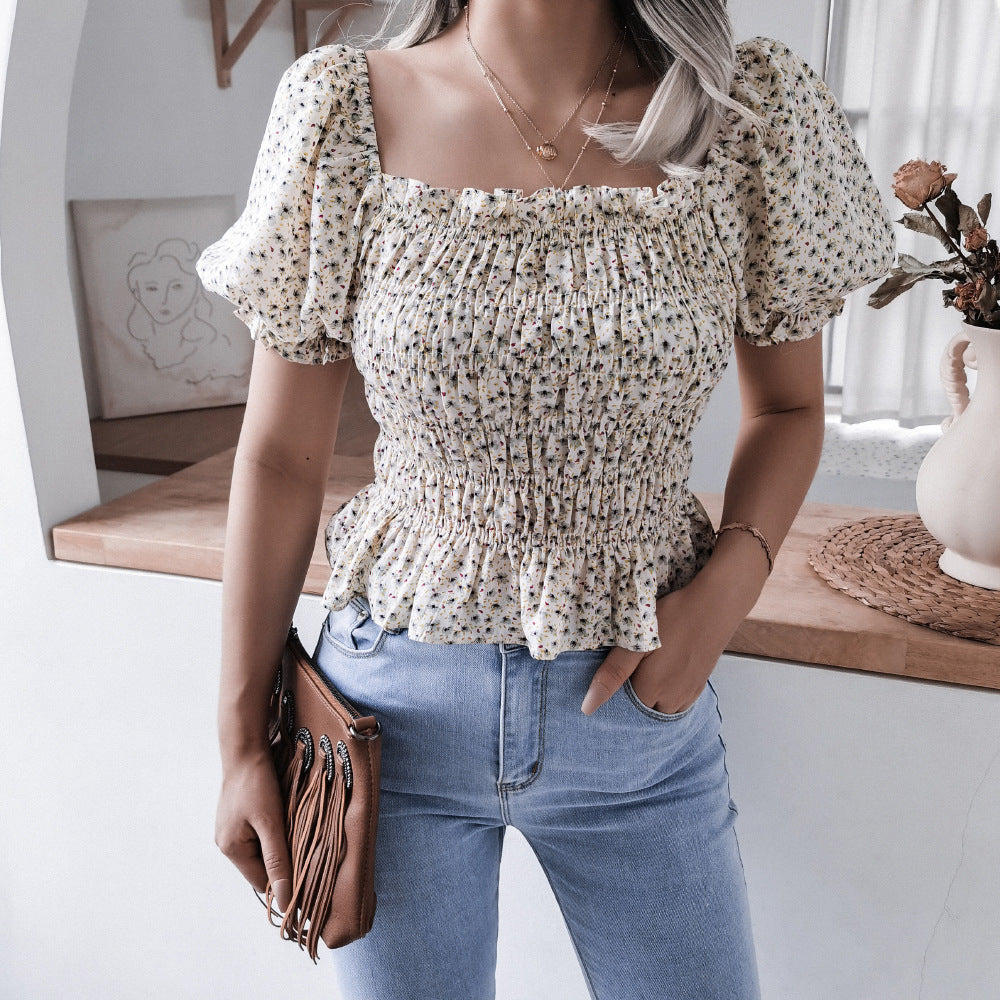 Women's Summer Square Collar Lantern Sleeve Ruffled Blouses