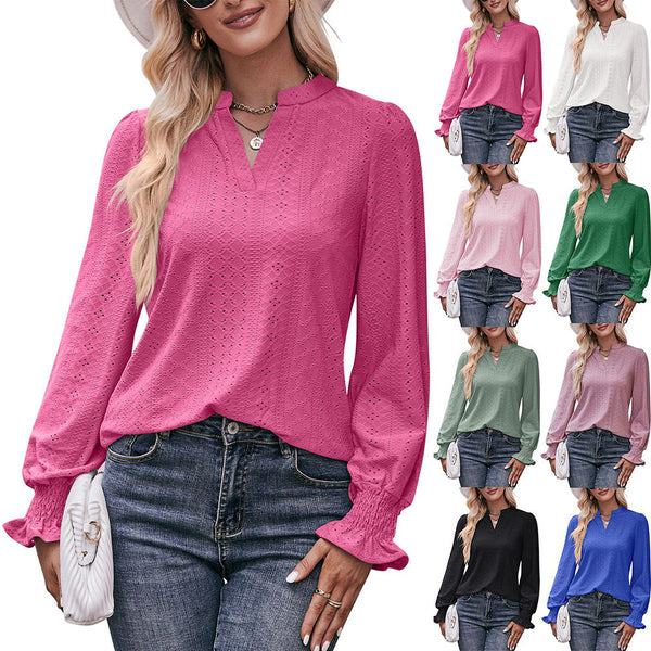 Women's Solid Color T-shirt Hole Long Sleeve Blouses