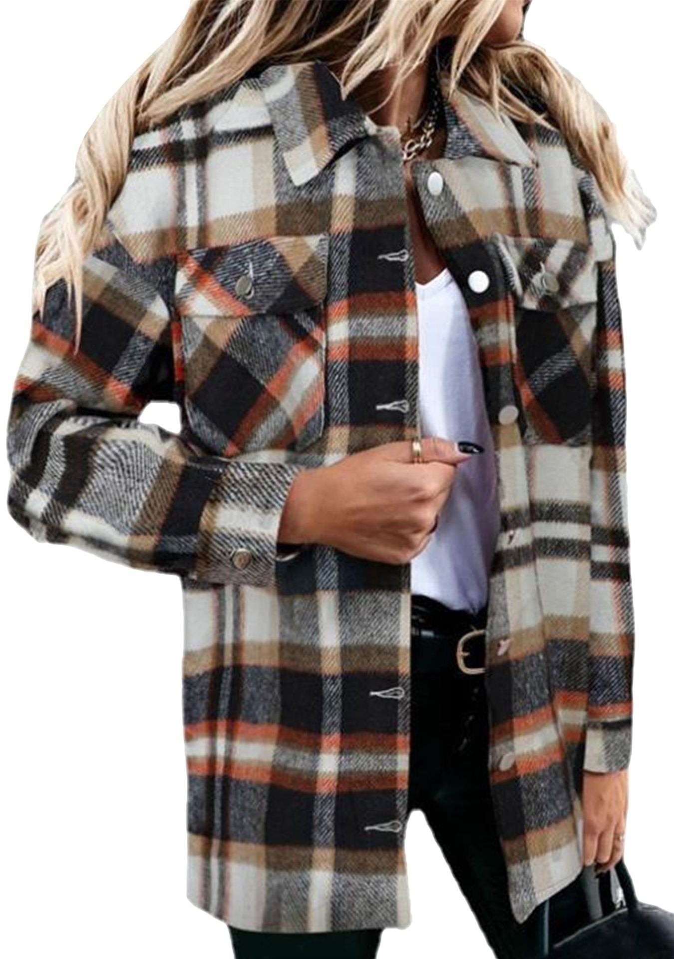 Women's Long Sleeve Large Pocket Loose Plaid Coats