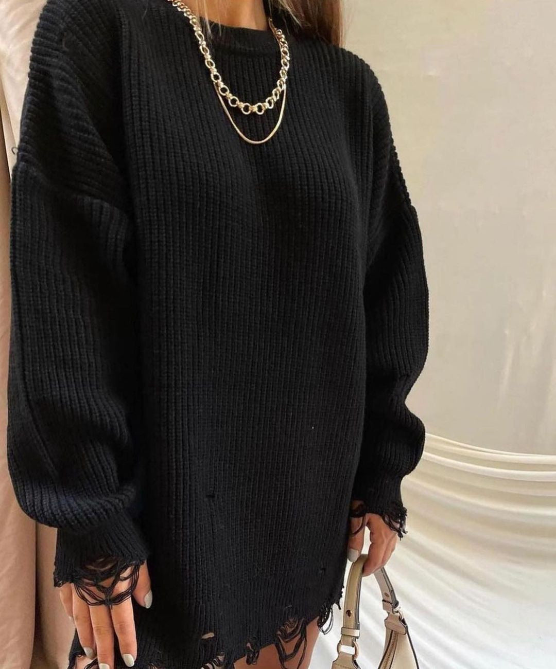 Knitted Round Neck Loose Hole Mid-length Sweaters