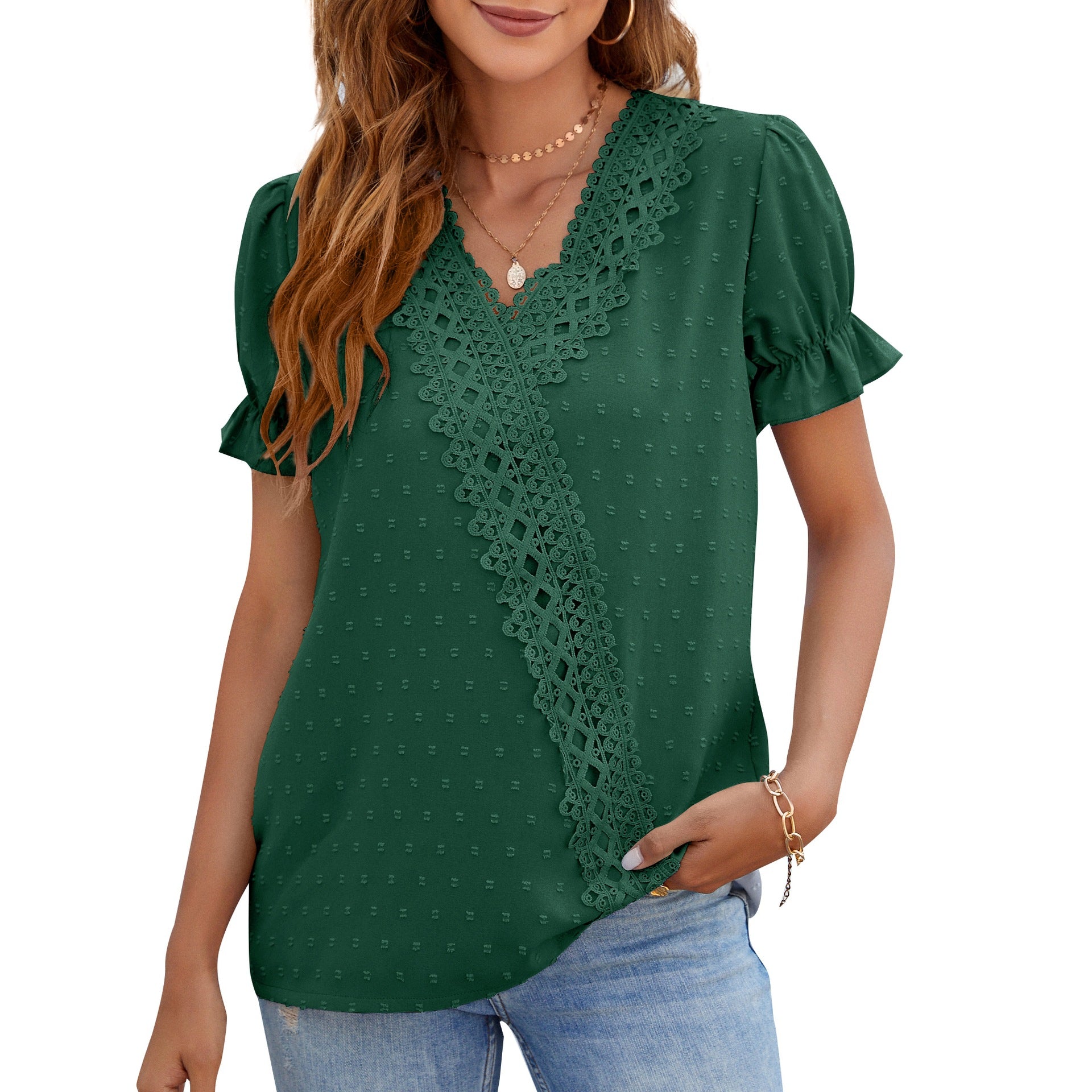 Women's Summer Chiffon Fur Lace V-neck Sleeve Blouses