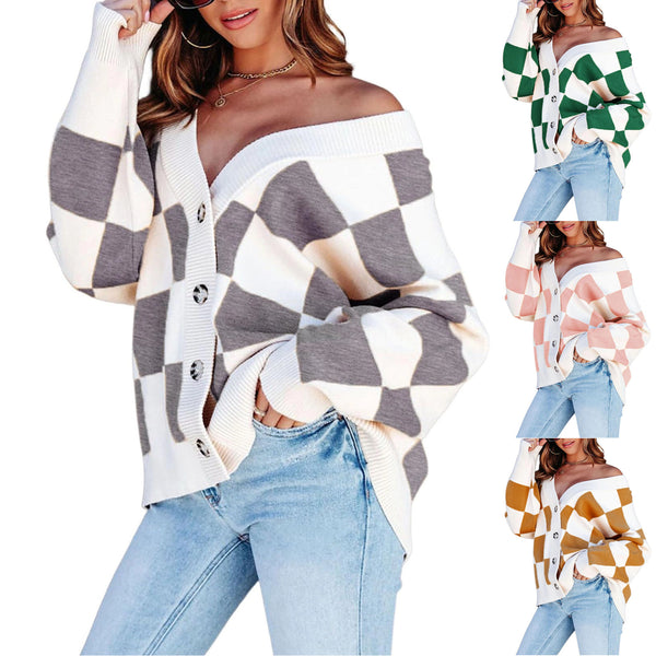 Women's Chessboard Plaid Color Effect Collar Button Long Sweaters