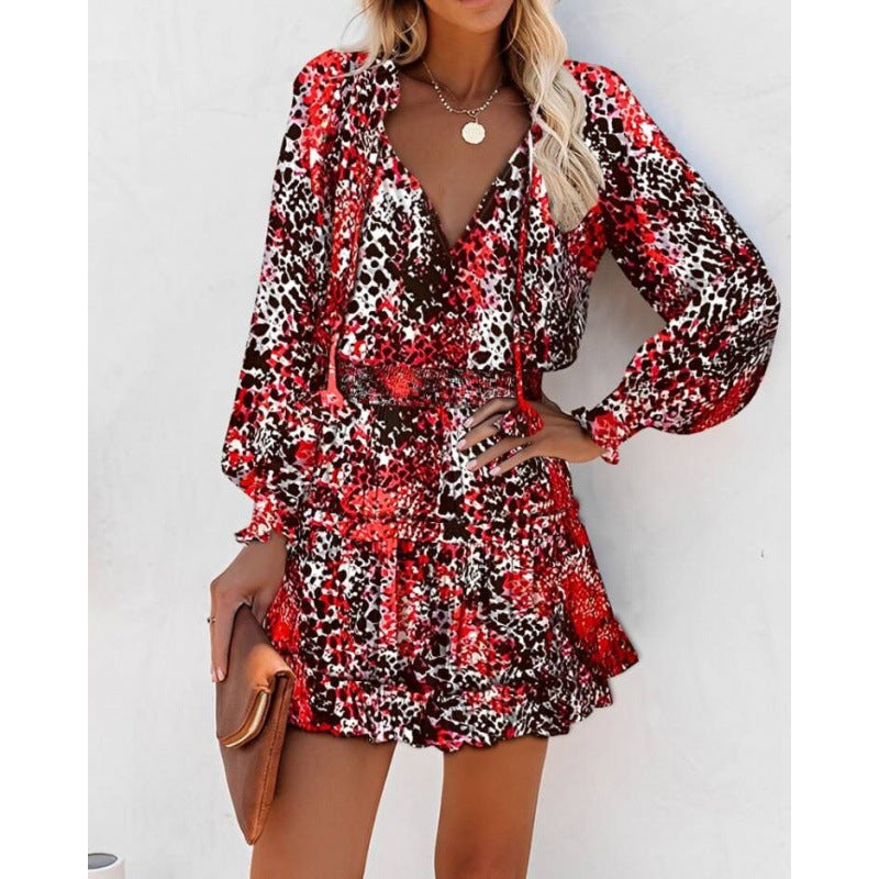 Beautiful Long Sleeve V-neck Printed Waist-controlled Dresses