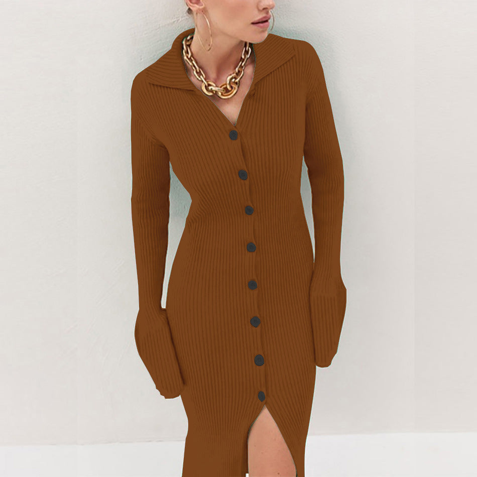 Long Sleeve Lapel Button Bell Bedford Dresses