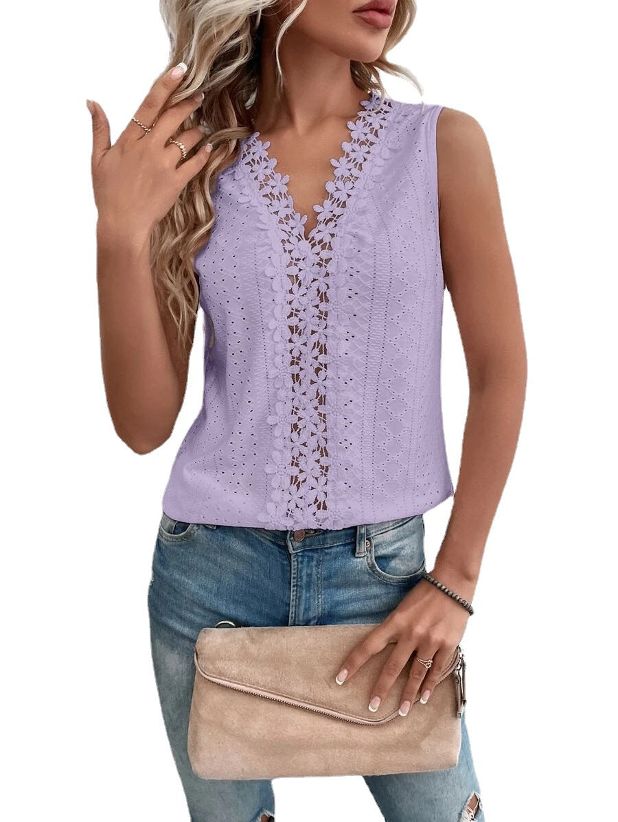 Women's New Summer V-neck Stitching Hollow-out Blouses