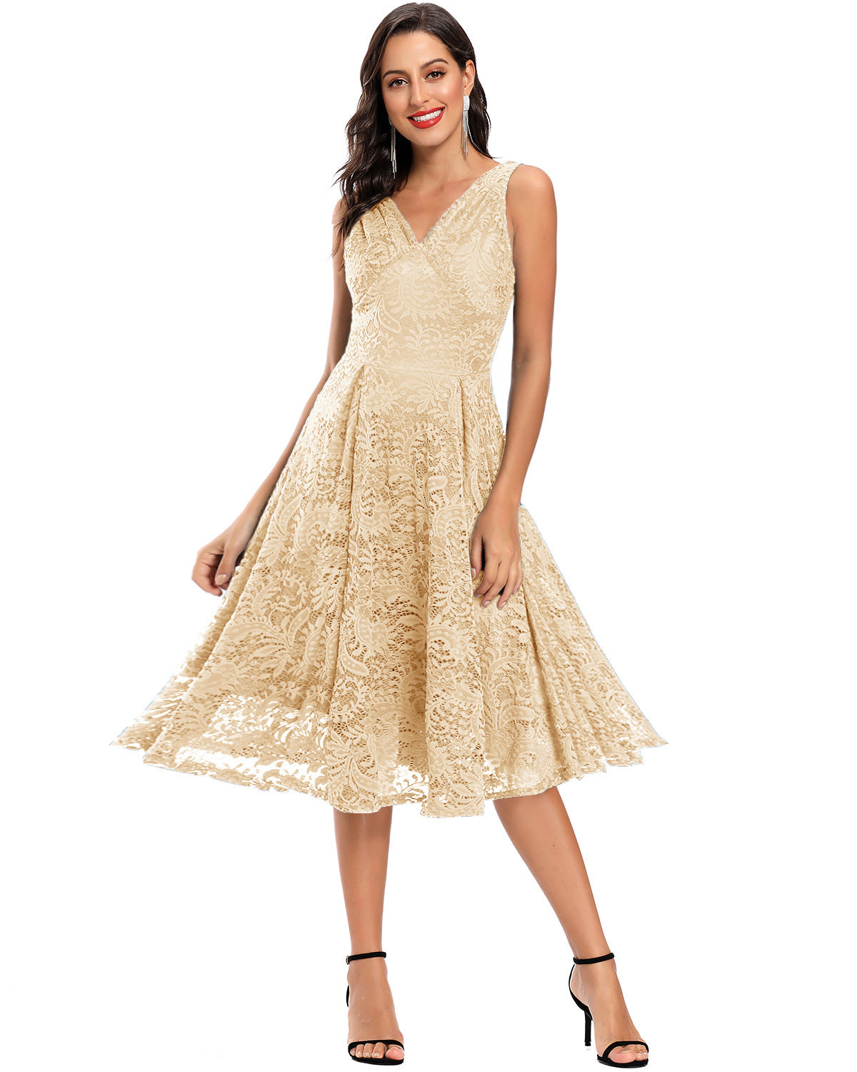 Summer V-neck Pleated Lace Waist-controlled Large Hem Mid-length Dresses