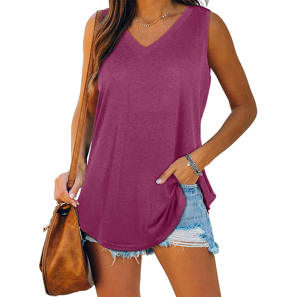 Women's V-neck Sleeveless Solid Color T-shirt Blouses