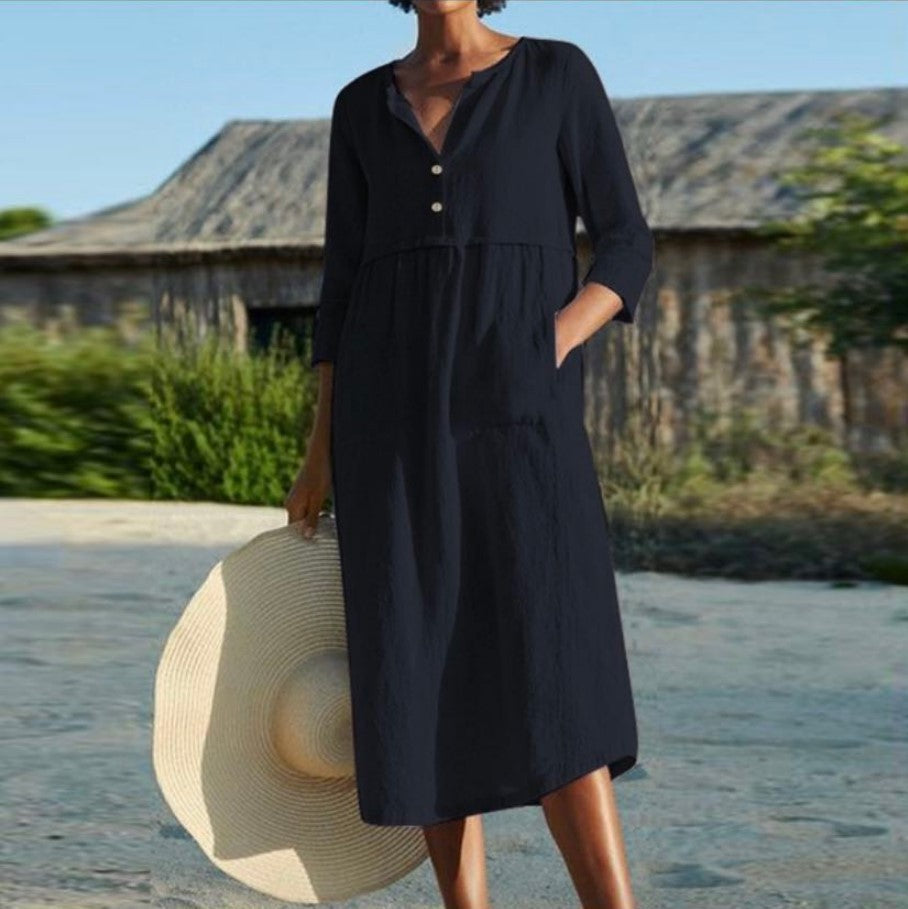 Round Neck Button Pocket Linen Half Dresses