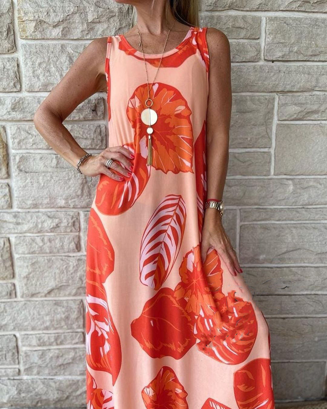 Summer Printed Round Neck Sleeveless Long Dresses