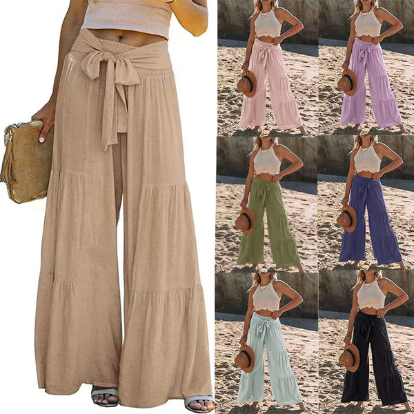 Women's Bandage Stitching High Waist Crimp Wide Pants