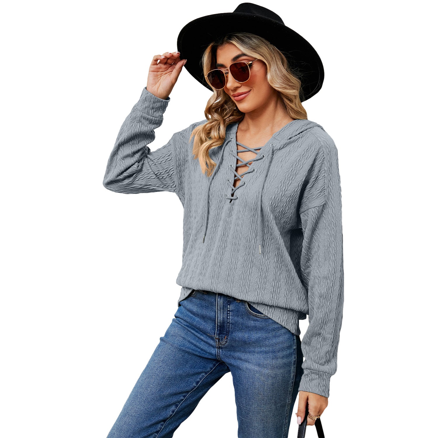 Women's Solid Color Hooded Neckline Tied Long Tops