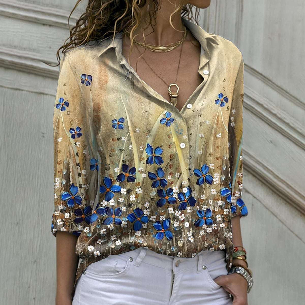 Blouses Chemise à Revers à Manches Longues Imprimé Fleuri