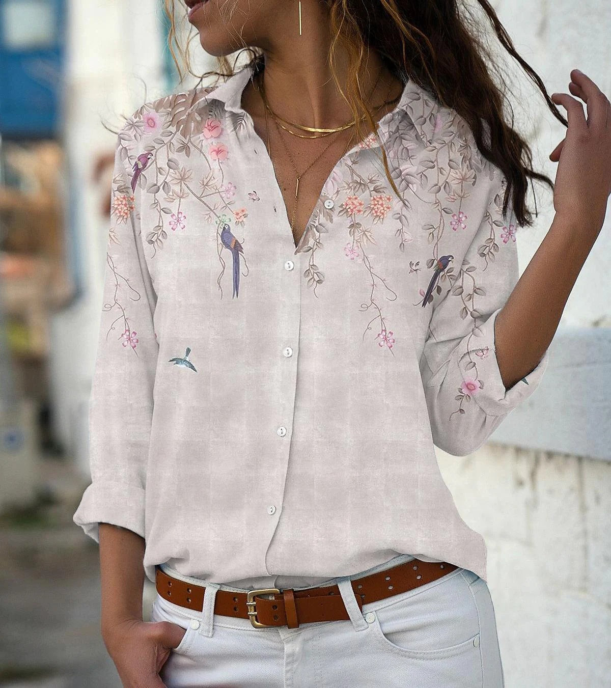 Women's Unique Print Sleeve Loose Button Blouses