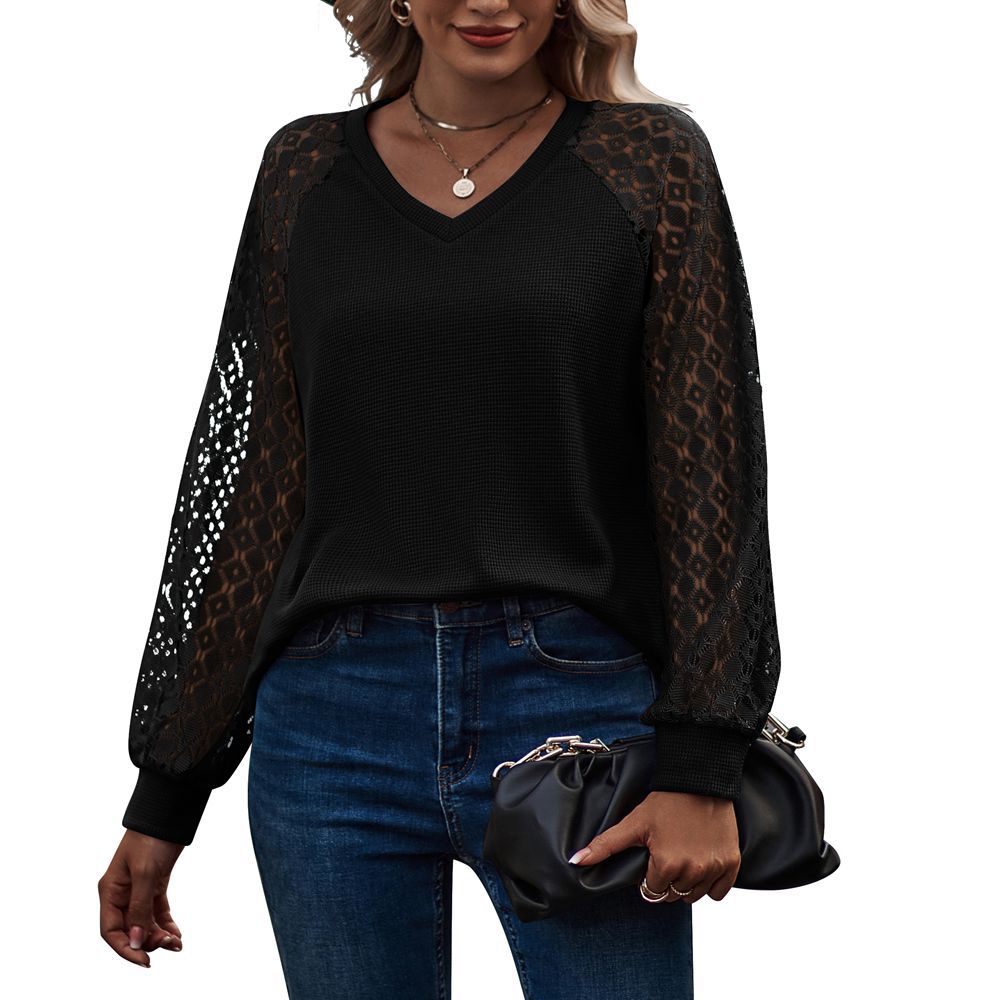 Women's Lace Puff Sleeve V-neck Long Tops