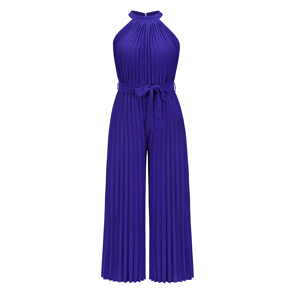 Solid Color Design Vacation Pleated Halter Jumpsuits