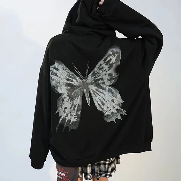 Women's Hooded Zipper Letter Butterfly Printing Veet Sweaters