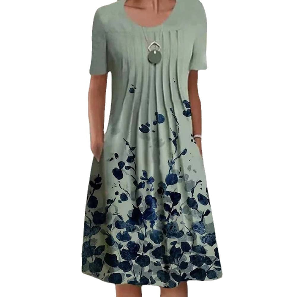 Women's Floral Print Round Neck Pocket Mid-length Dresses