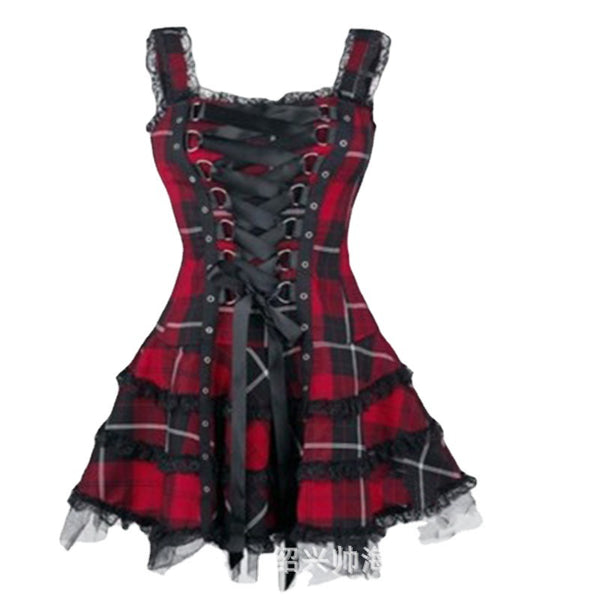 Women's Plaid Printed Lock Lace-up Sleeveless Mesh Dresses