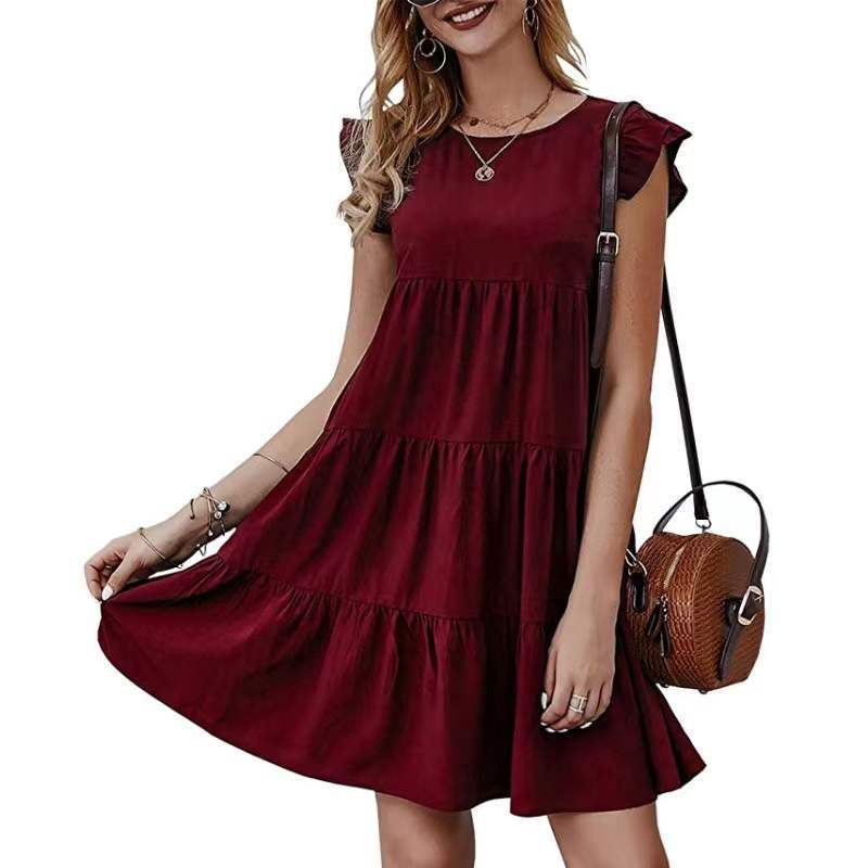 Color Round Neck Sleeves Casual Cake Pleated Dresses