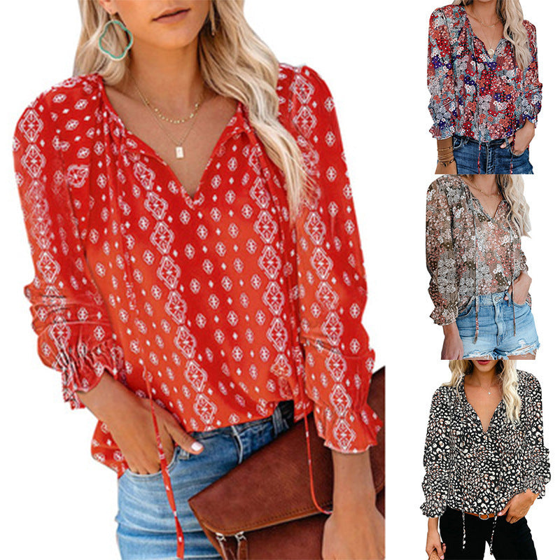 Women's Floral Print Shirt V-neck Long-sleeved Blouses