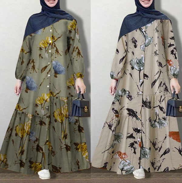 Women's Muslim Clothes Stitching Robe Cotton Long Sleeve Dresses