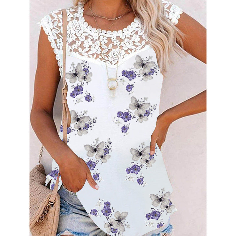 Women's Summer Printed Round Neck Lace Casual Loose Colored Vests