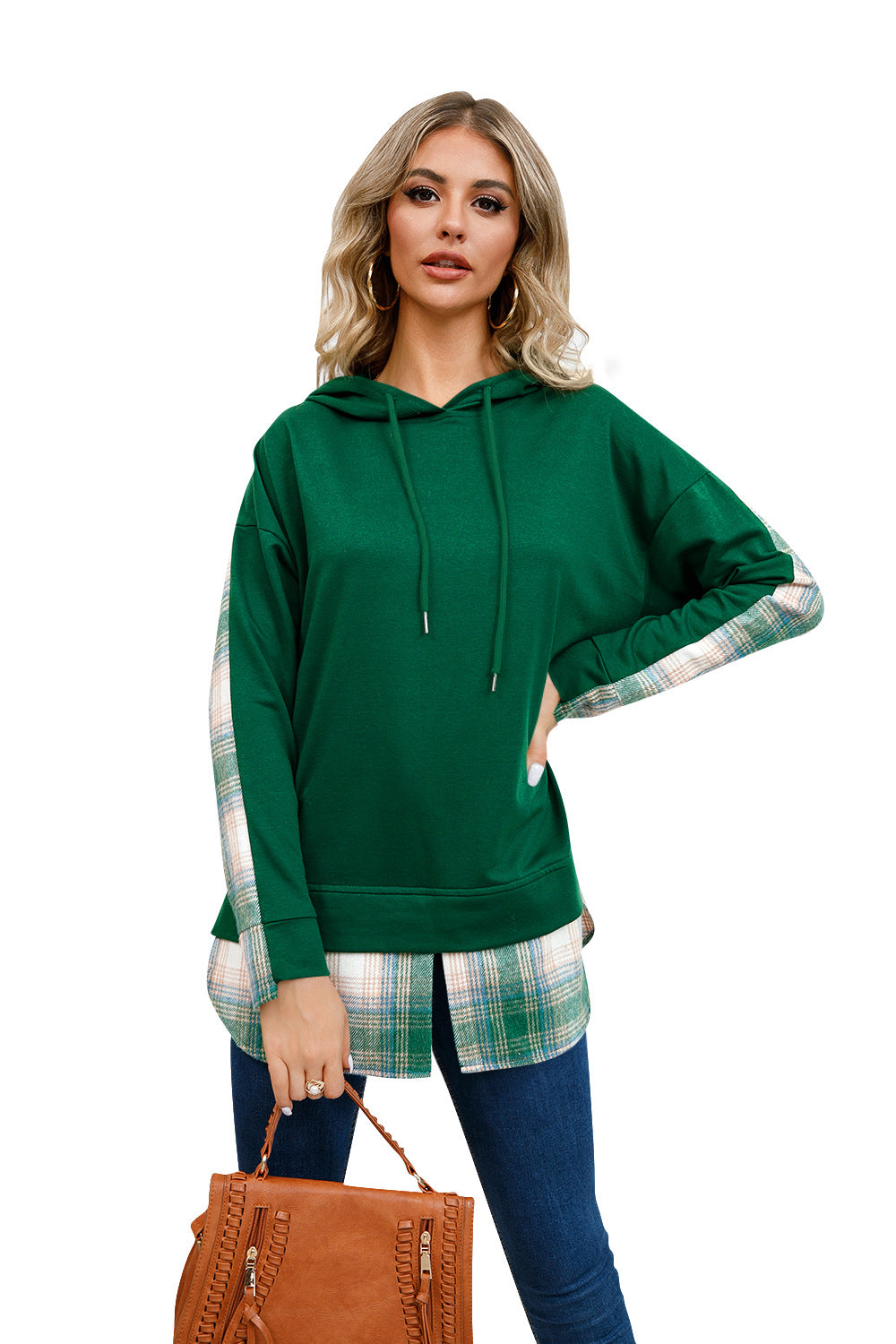 Women's Fashion Hooded Plaid Stitching Split For Sweaters