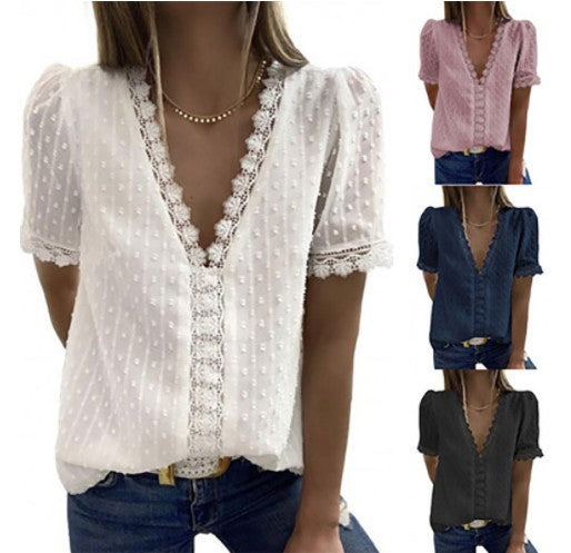 Deep V-neck Embroidered Ruffled Sleeves Front Blouses