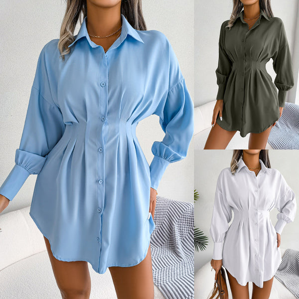 Women's Casual Lantern Sleeve Waist-tight Asymmetric Shirt Dresses