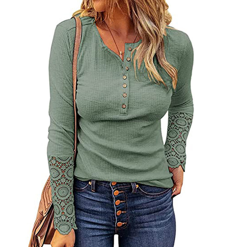 Popular Round Neck Stitching Lace Sleeve Loose-fitting Solid Color Long Blouses