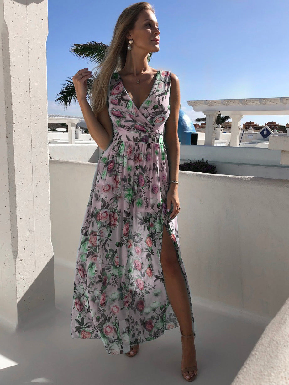 Printed Chiffon Sleeveless Vacation Beach Dress Dresses