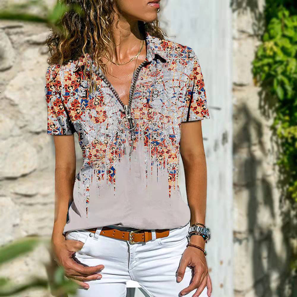 Stylish Women's Bohemian Zipper T-shirt Sleeves Blouses