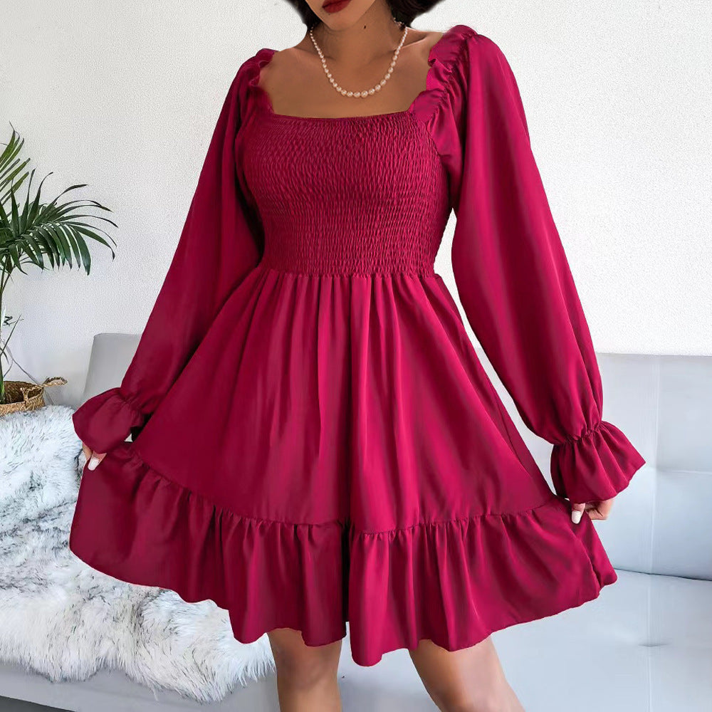 Women's Square Collar Flared Long Sleeve Ruffled Dresses