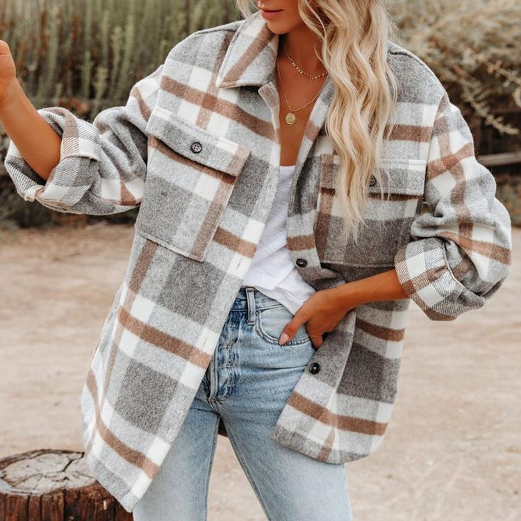 Women's Plaid Button Flannel Woolen Shirt Blouses