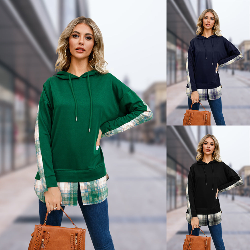 Damenmode mit Kapuze und karierten Nähten, geteilt für Pullover