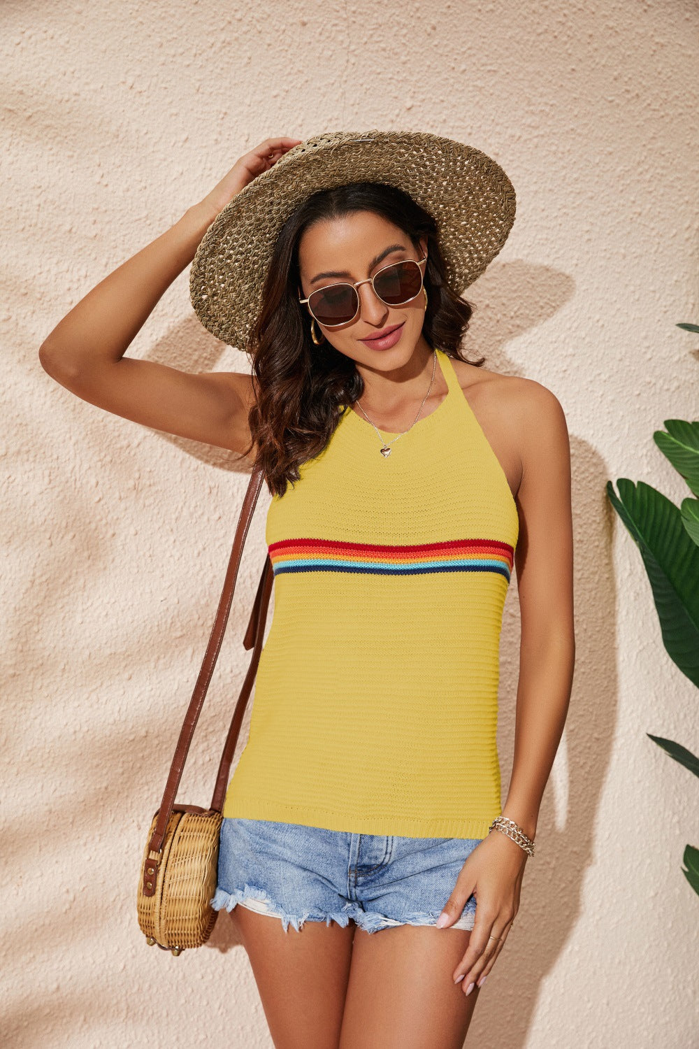 Women's Rainbow Color-blocking Halter Backless Lace-up Tops