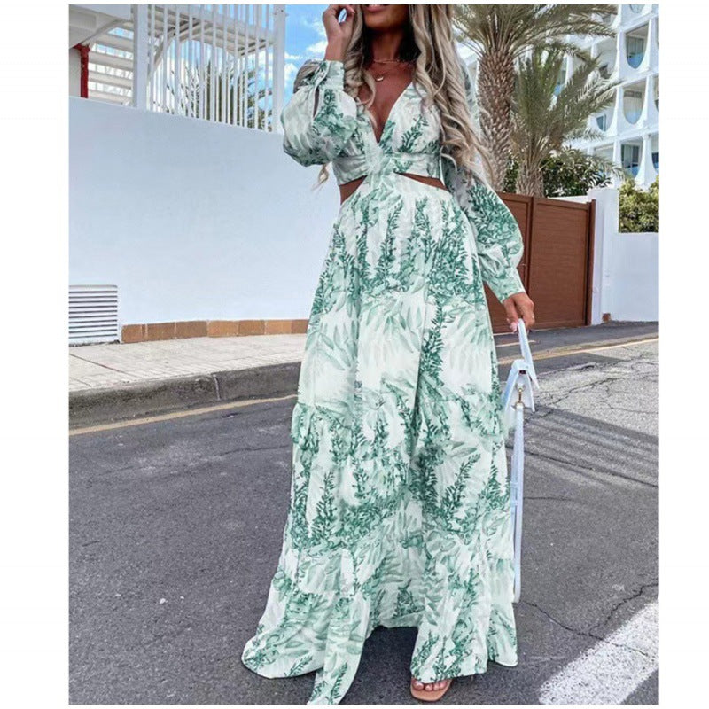 Women's Wear Spring Long Printed V-neck Sleeve Dresses