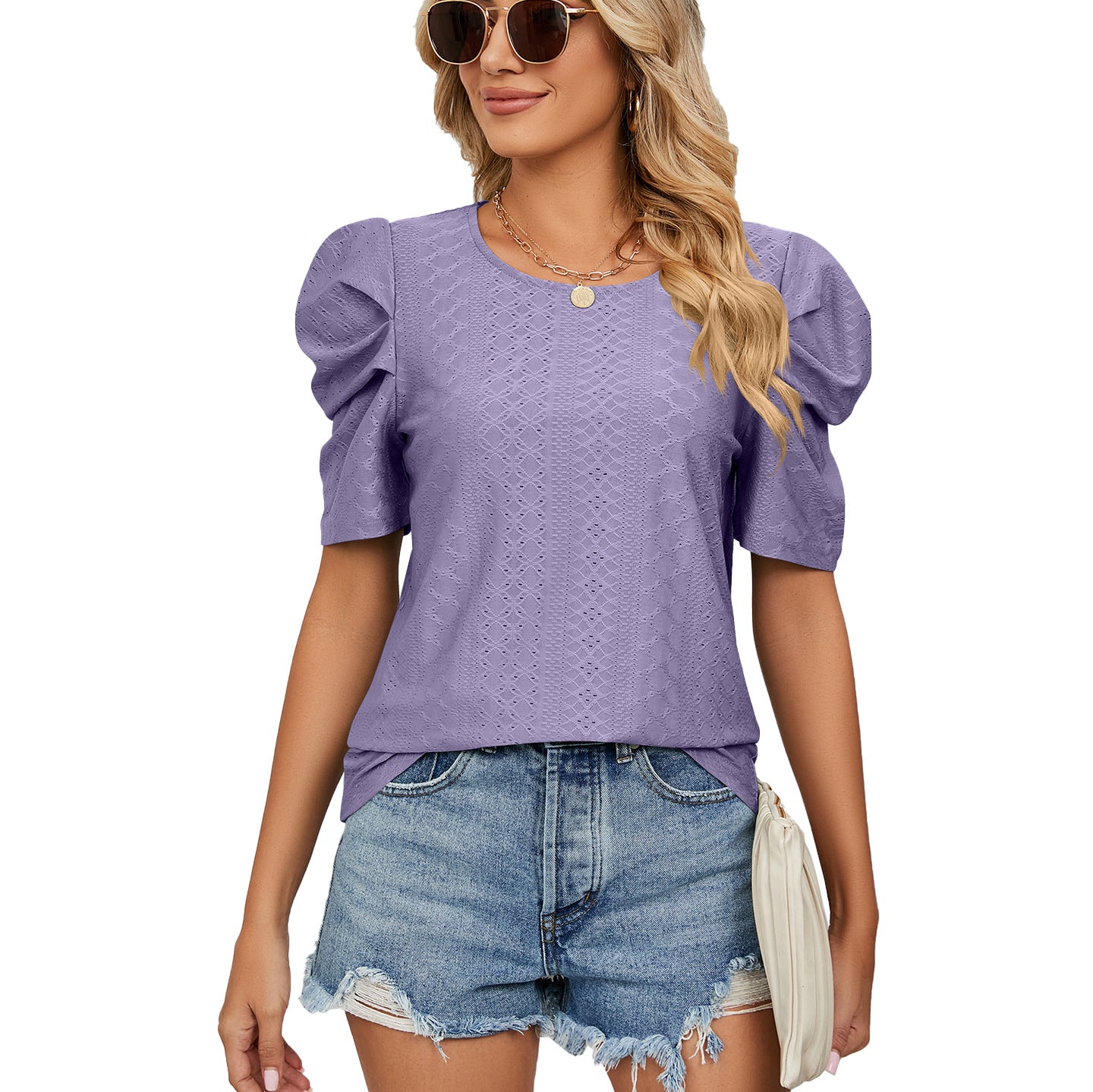 Solid Color Round Neck Pleated Oversleeves Blouses