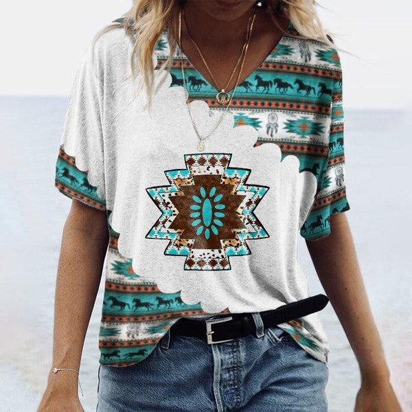 Women's Vintage Printing Geometric Pattern V-neck Sleeve Blouses