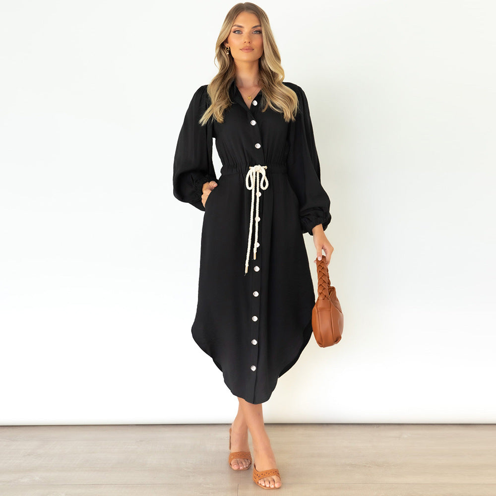 Women's Long-sleeved Mid-length Lace-up Waist Dress Shirt Dresses