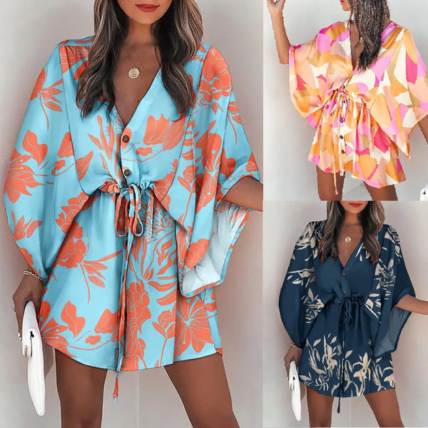 Women's Summer Sleeves V-neck Lace-up Printed Beach Dresses