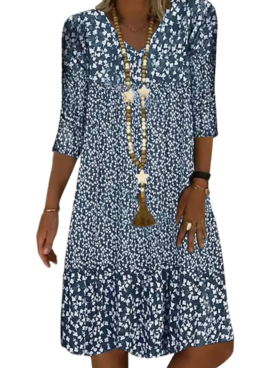 Women's Summer Floral Print Mid-length Sleeves V-neck Dresses