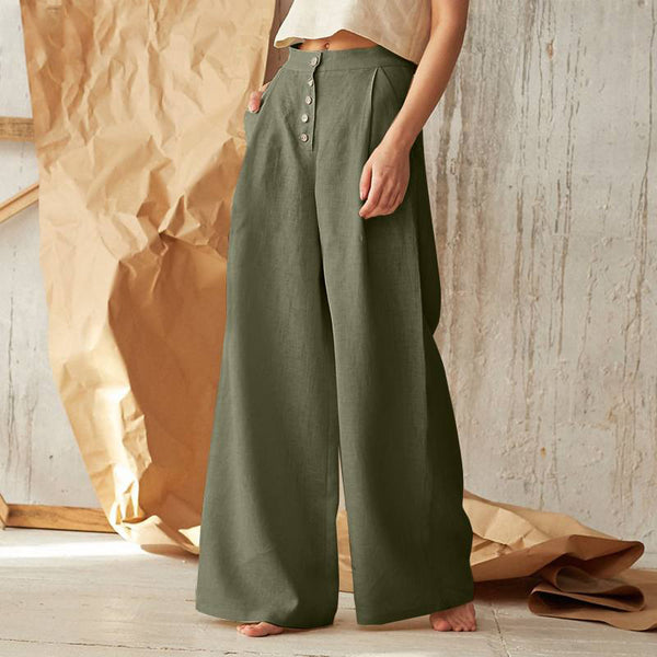 Pantalon large en coton et lin à bouton taille haute pour femmes