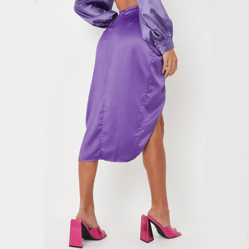 Women's High Waist Twist Irregular Sexy Solid Color Satin Hip Zipper Skirts