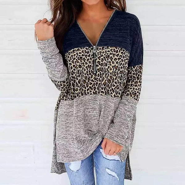 Women's V-neck Zipper Leopard Print Long Sleeve Blouses