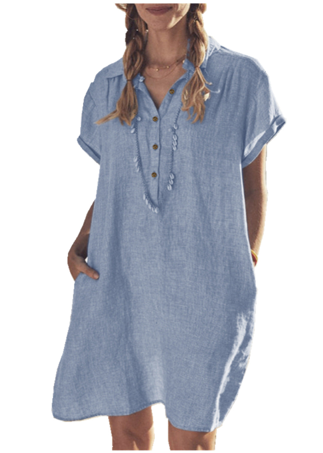 Robe chemise en coton et lin avec poches, robes de plage