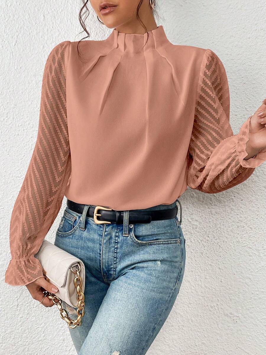 Women's Beautiful Stitching Wavy Chiffon Long-sleeved Tops