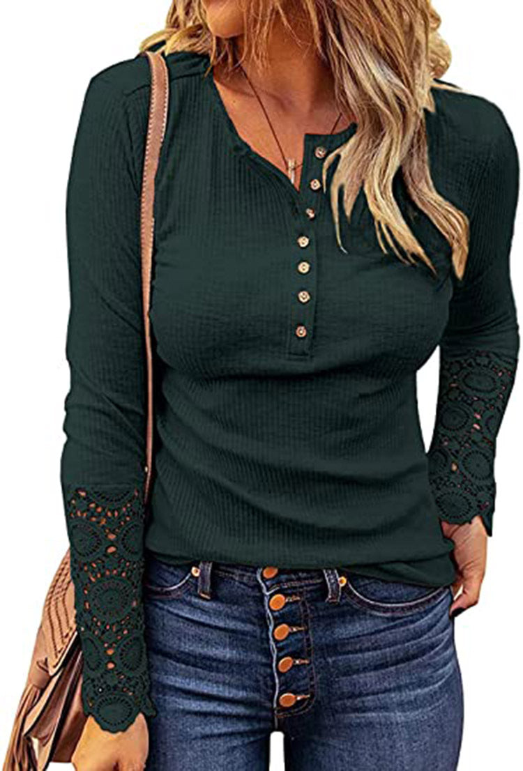 Popular Round Neck Stitching Lace Sleeve Loose-fitting Solid Color Long Blouses