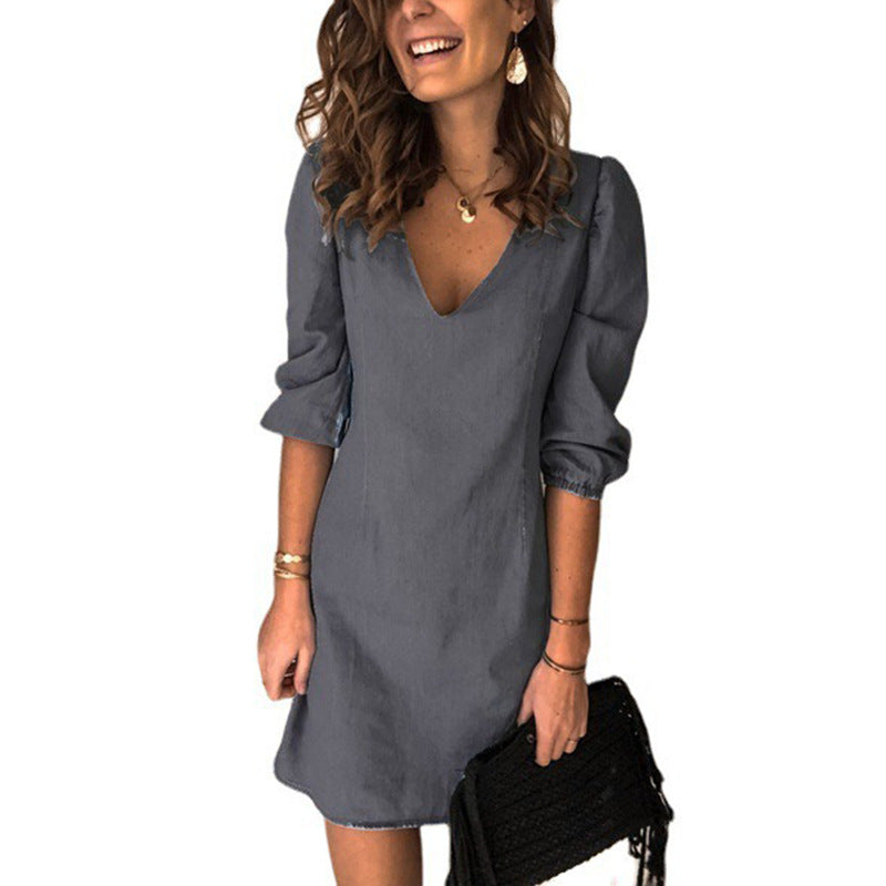 Women's Solid Color V-neck Half Sleeves Loose Dresses